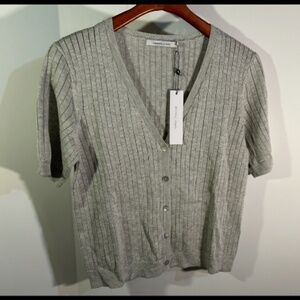 Stitches & Stripes Short Sleeve V-Neck Ribbed Button-Up Knit Top Grey Size M